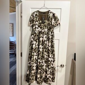 Floral Maxi Dress - Olive and Cream